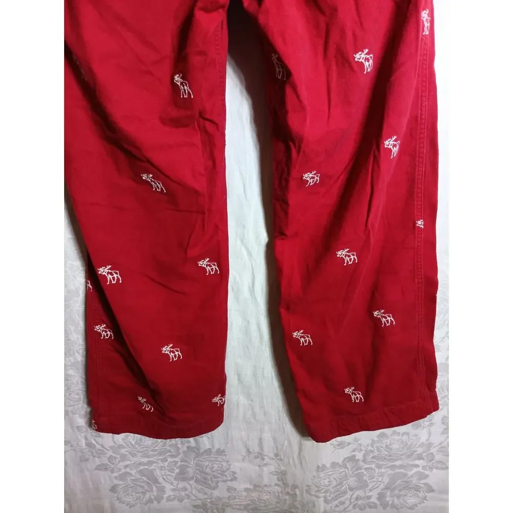 Abercrombie Fitch Vintage Pants Small Red AOP Embroidered Moose Wide Leg Lounge - Picture 12 of 16